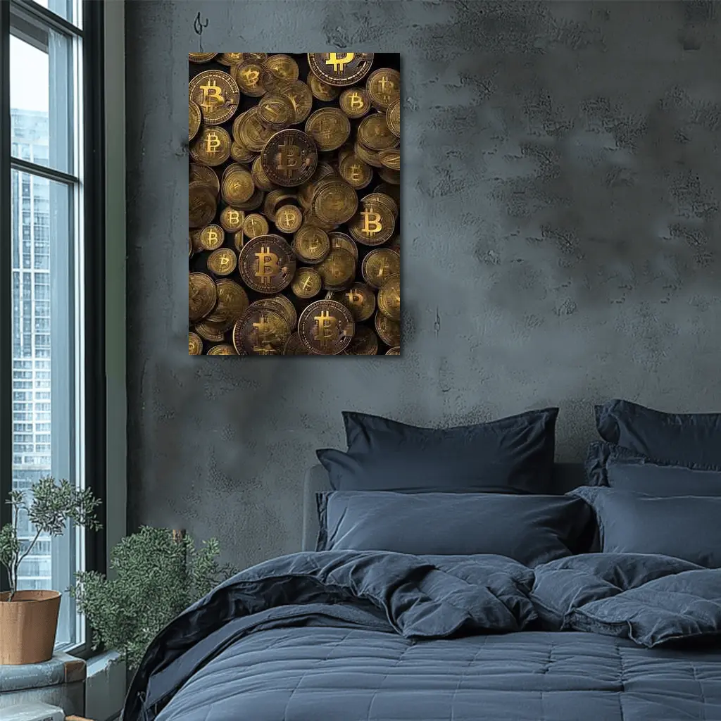 Bitcoin Gold Coins Pile Dark Background – Wall Art