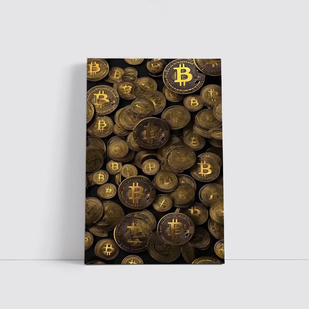 Bitcoin Gold Coins Pile Dark Background – Wall Art
