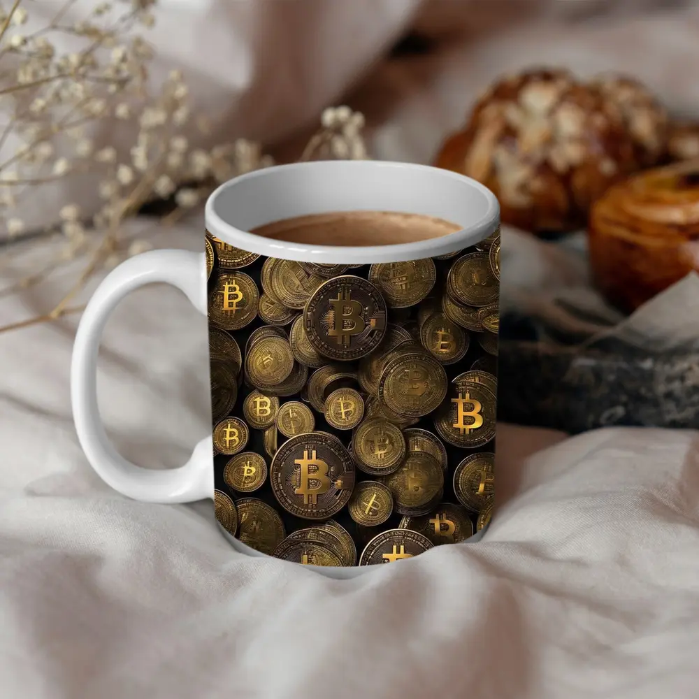 Bitcoin Gold Coins Pile Dark Background – Mugs