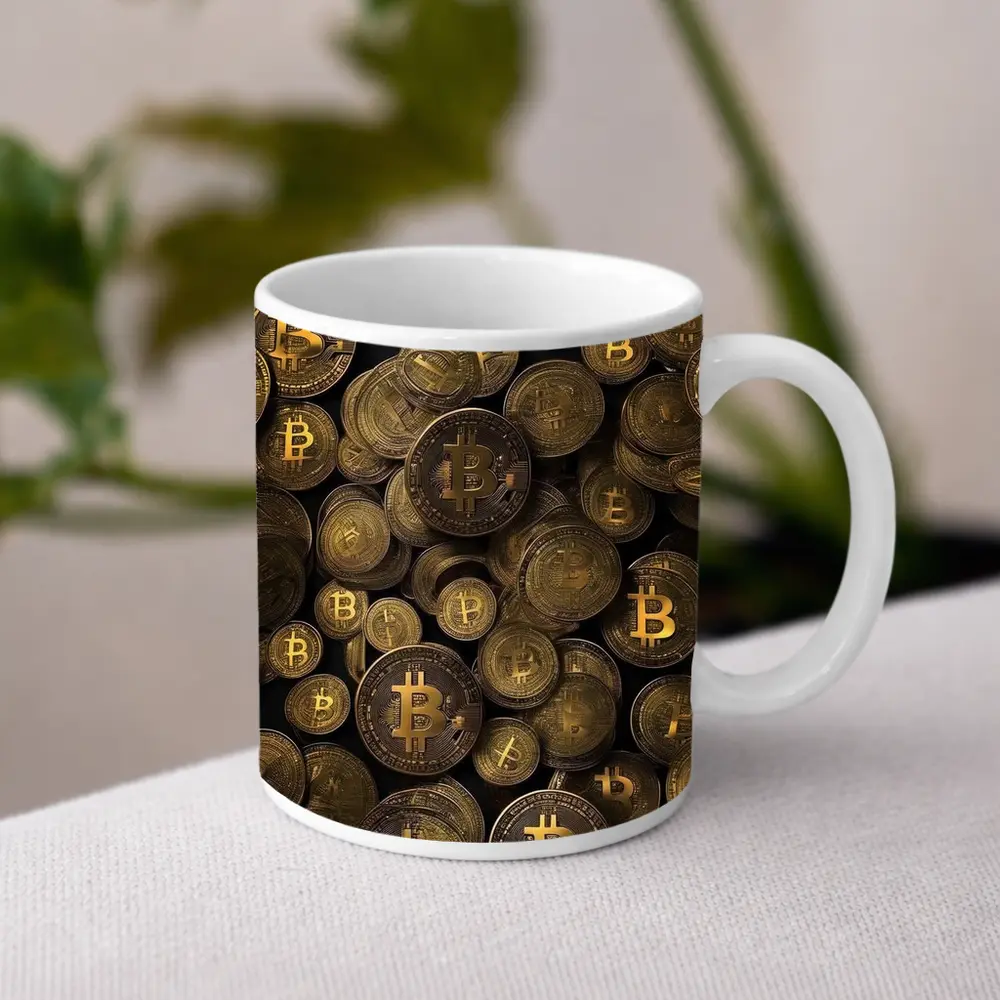 Bitcoin Gold Coins Pile Dark Background – Mugs