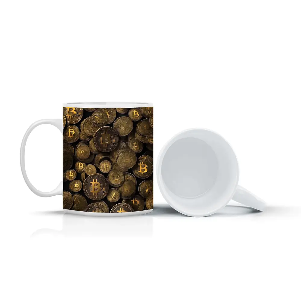 Bitcoin Gold Coins Pile Dark Background – Mugs