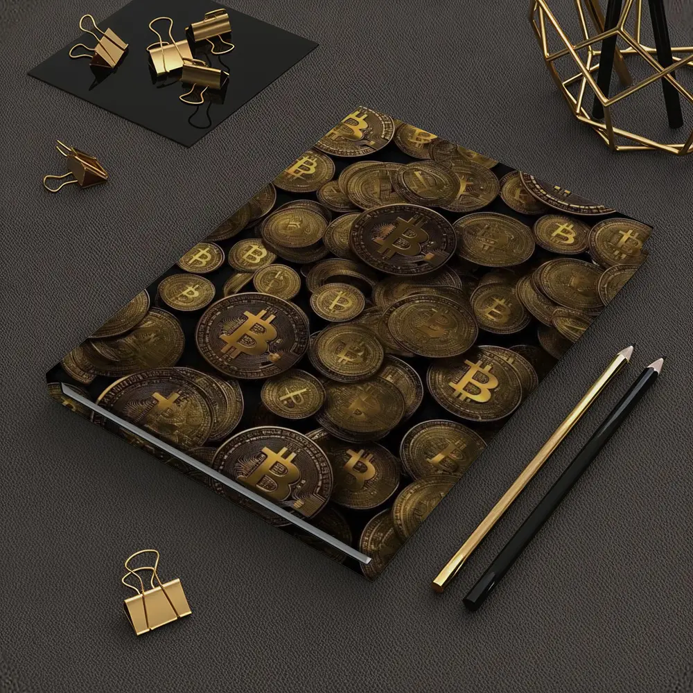 Bitcoin Gold Coins Pile Dark Background – Notebooks