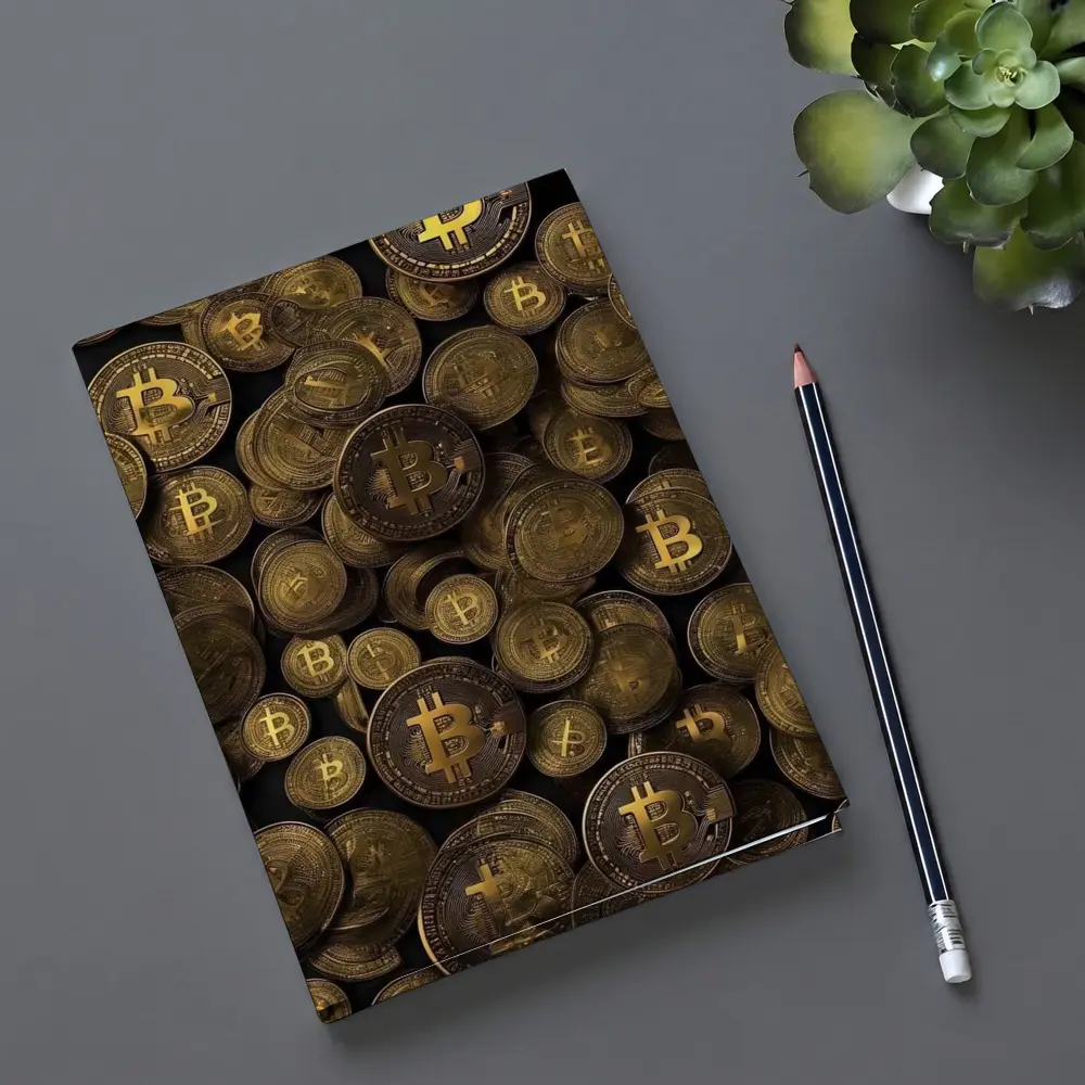 Bitcoin Gold Coins Pile Dark Background – Notebooks