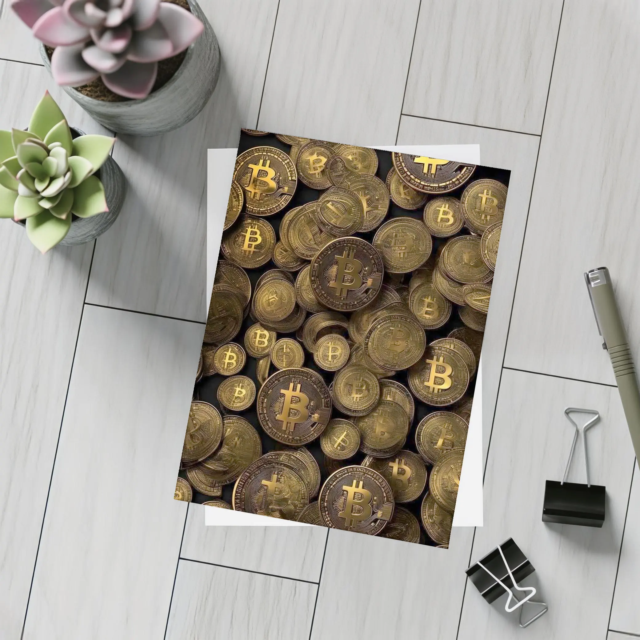 Bitcoin Gold Coins Pile Dark Background – Postcards