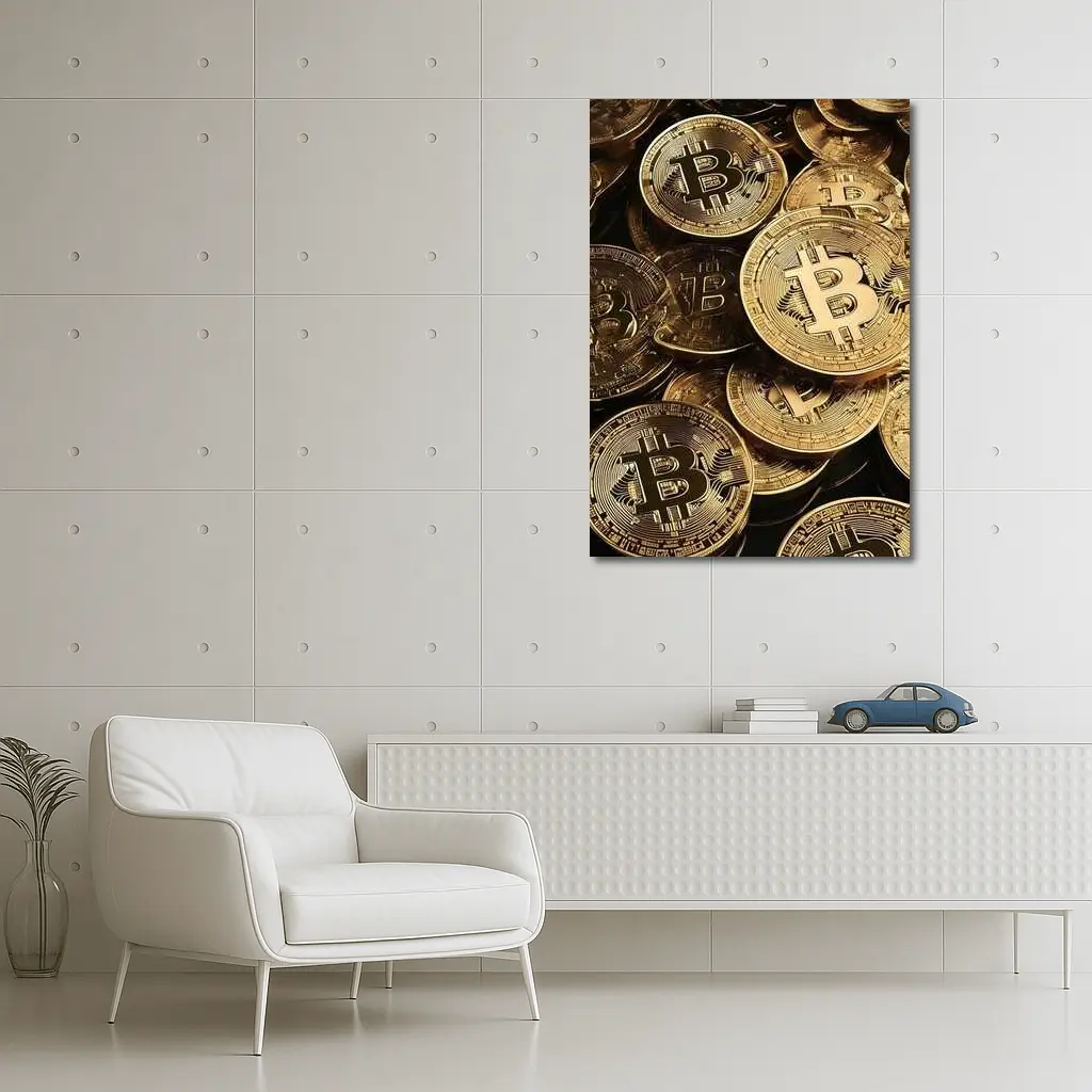 Gold Bitcoin Coins Pile Dark Background – Wall Art