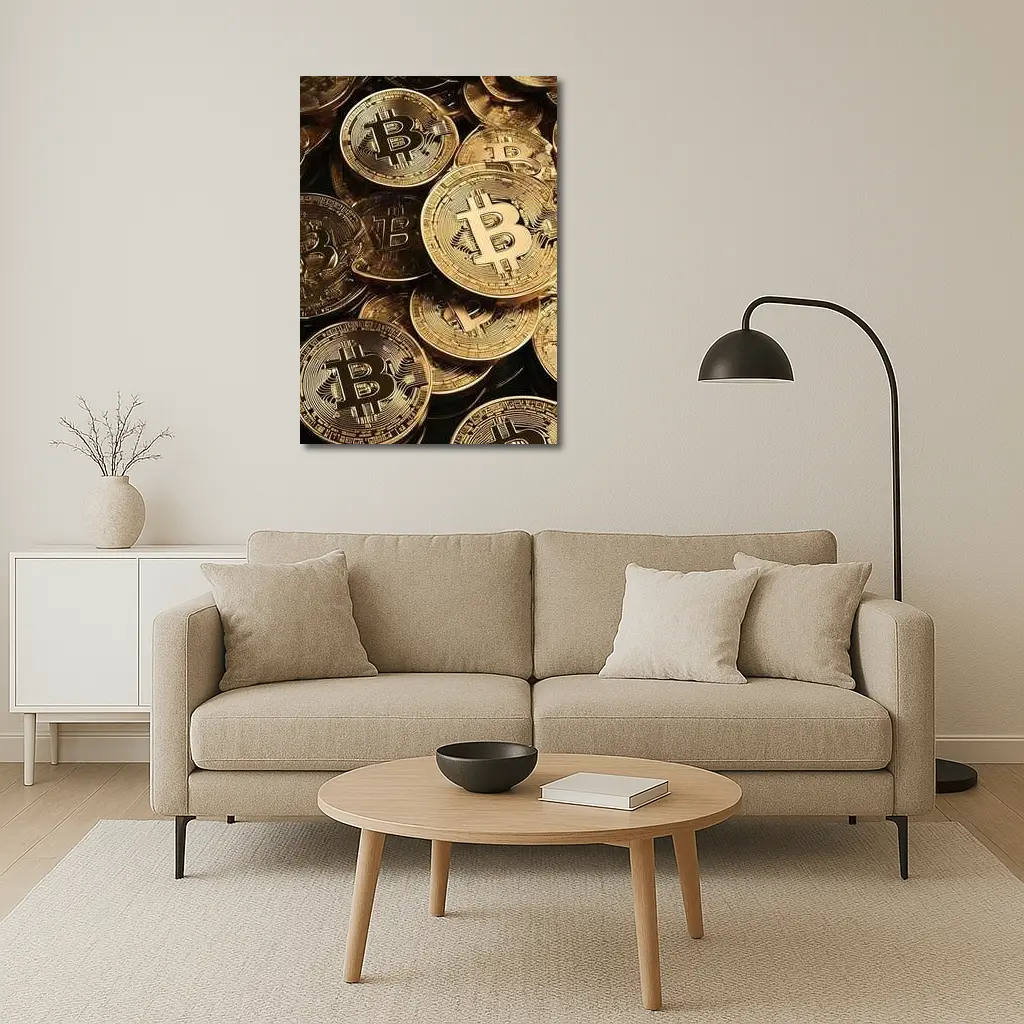 Gold Bitcoin Coins Pile Dark Background – Wall Art