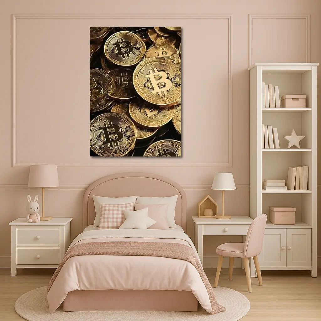 Gold Bitcoin Coins Pile Dark Background – Wall Art