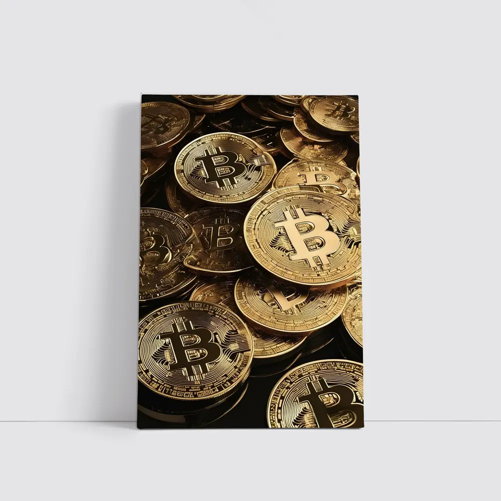 Gold Bitcoin Coins Pile Dark Background – Wall Art