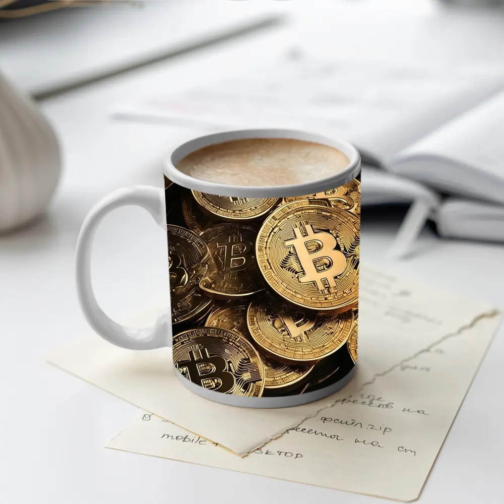 Gold Bitcoin Coins Pile Dark Background – Mugs