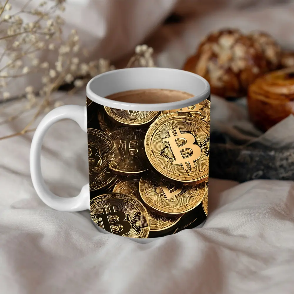Gold Bitcoin Coins Pile Dark Background – Mugs
