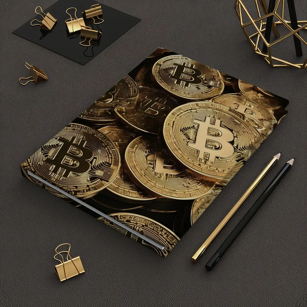 Gold Bitcoin Coins Pile Dark Background – Notebooks
