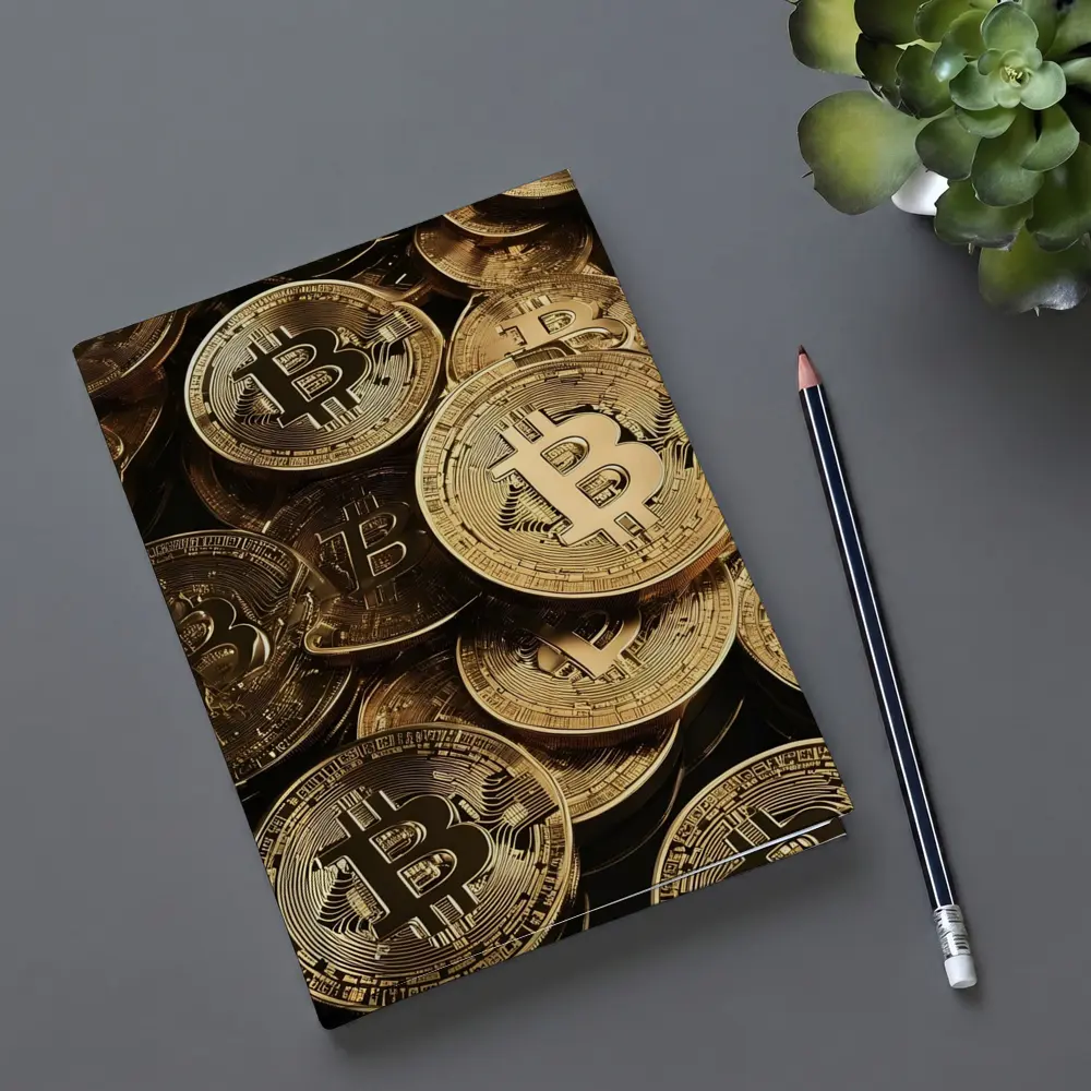 Gold Bitcoin Coins Pile Dark Background – Notebooks