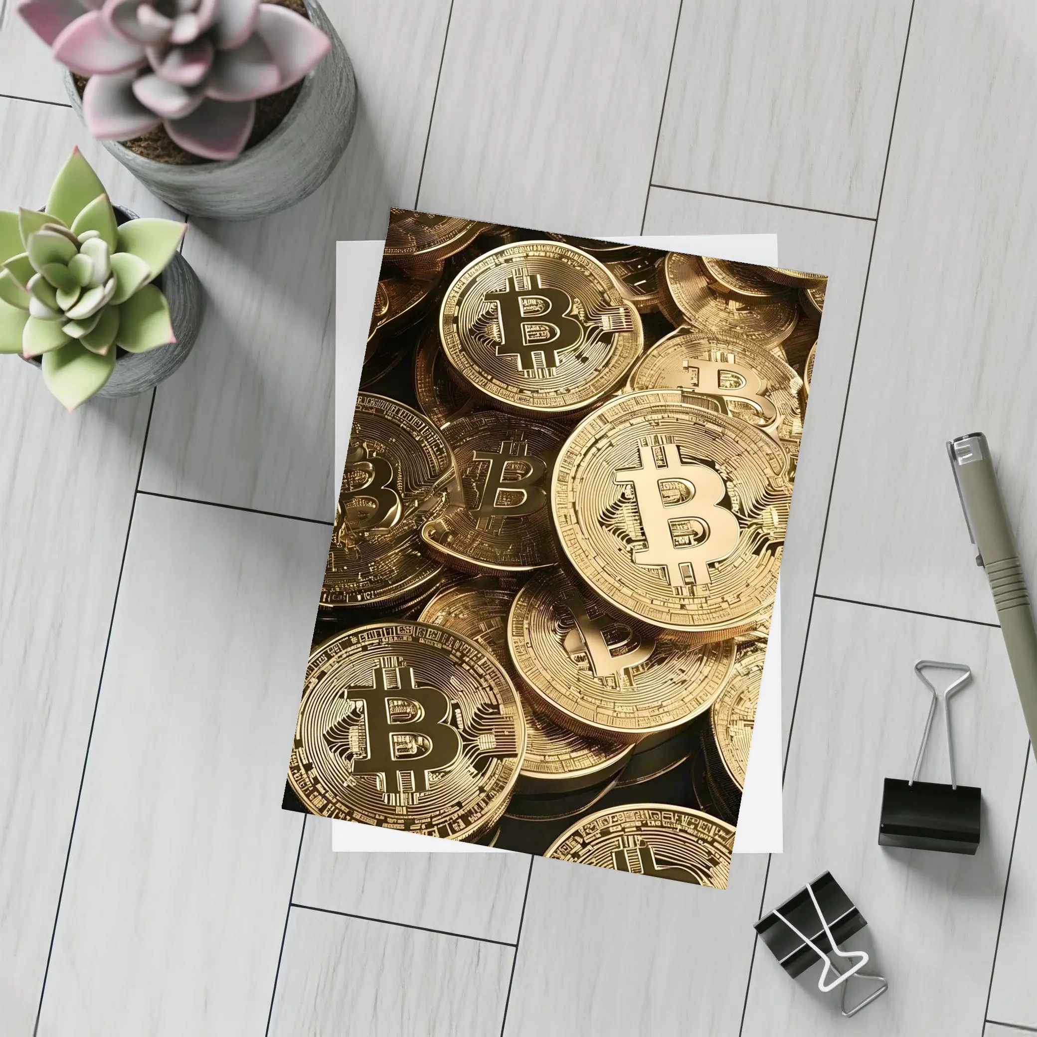 Gold Bitcoin Coins Pile Dark Background – Postcards