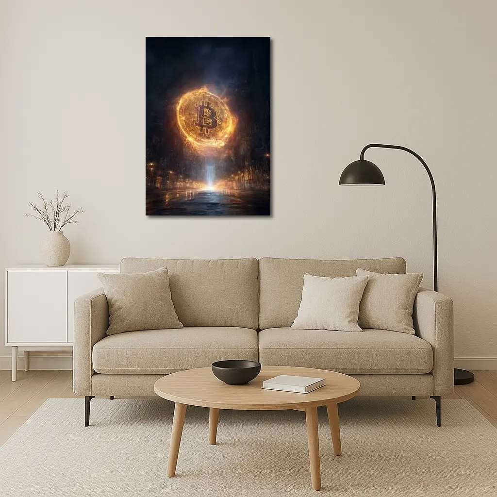 Bitcoin Coin Fire Dark City Street – Wall Art