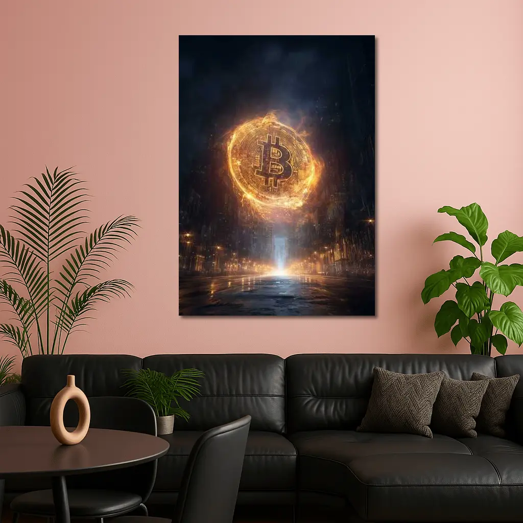 Bitcoin Coin Fire Dark City Street – Wall Art