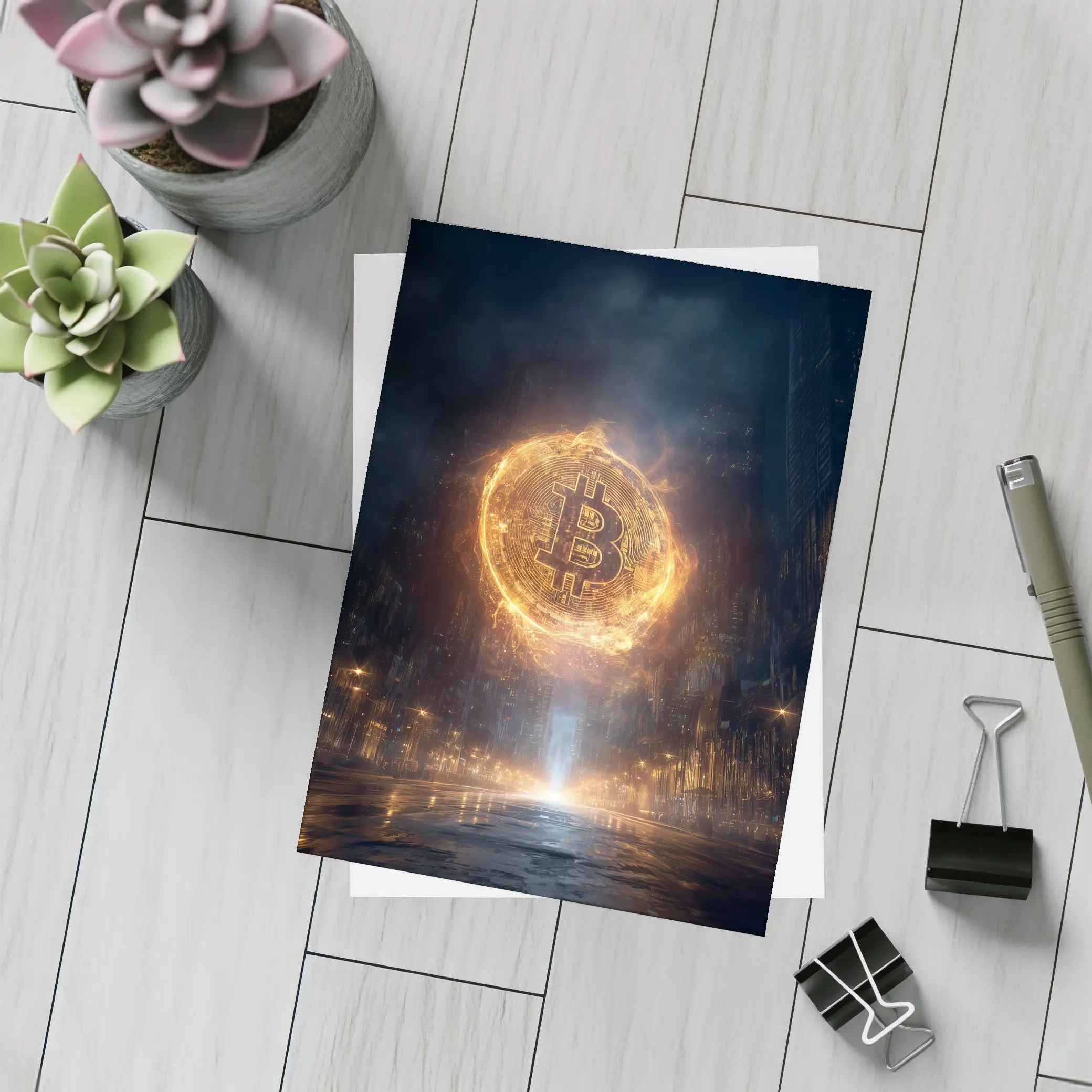 Bitcoin Coin Fire Dark City Street – Postcards