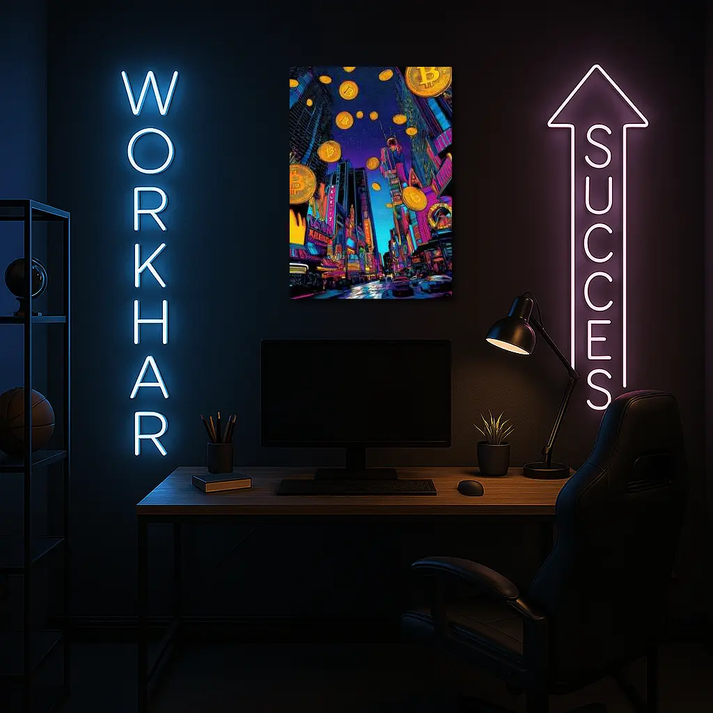 Bitcoin Rain Neon Pop Art City – Wall Art