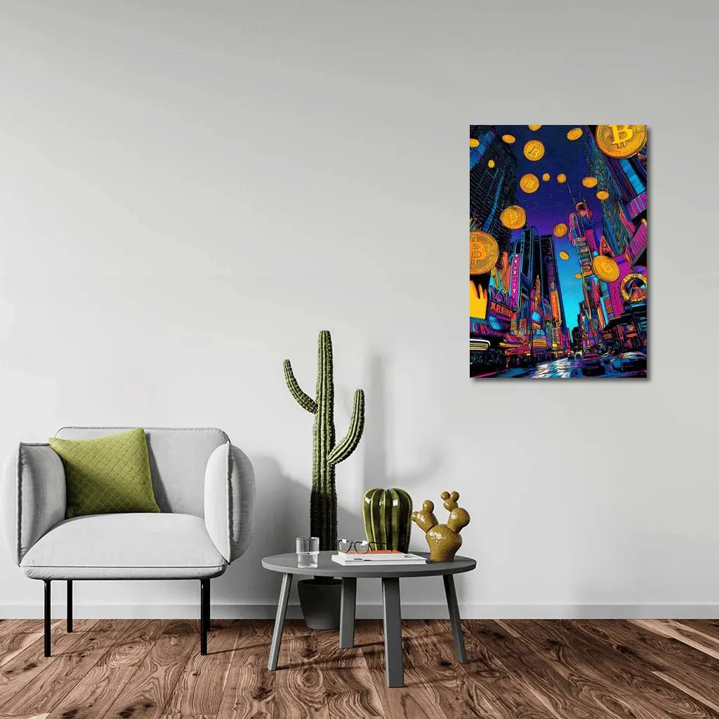 Bitcoin Rain Neon Pop Art City – Wall Art
