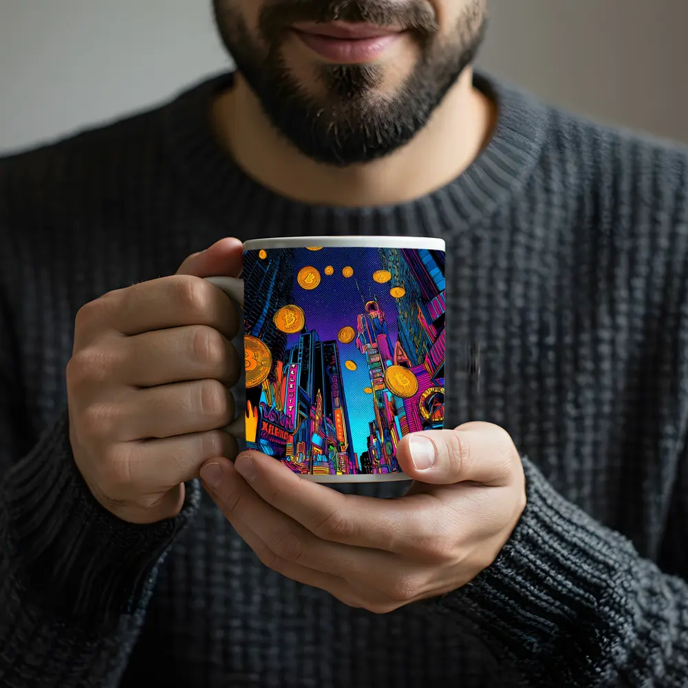 Bitcoin Rain Neon Pop Art City – Mugs