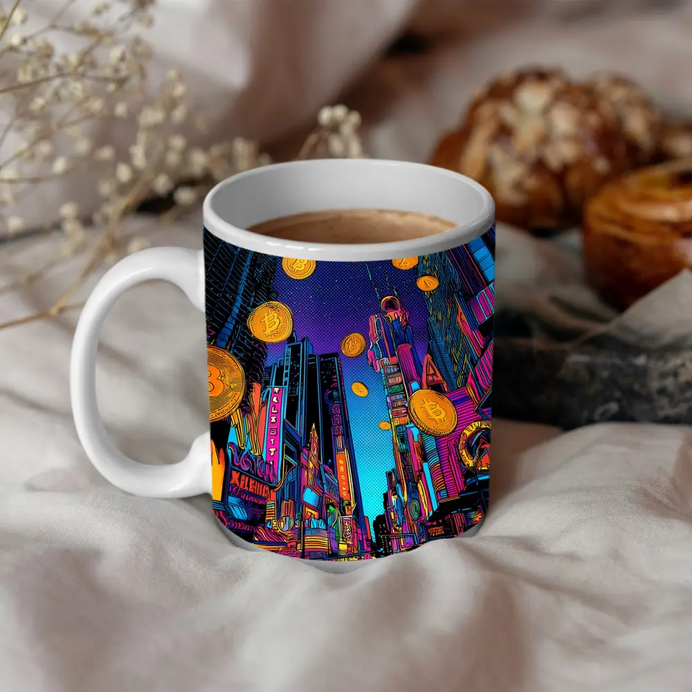 Bitcoin Rain Neon Pop Art City – Mugs