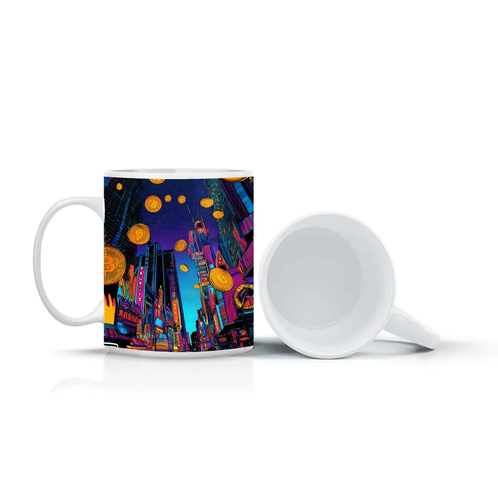 Bitcoin Rain Neon Pop Art City – Mugs