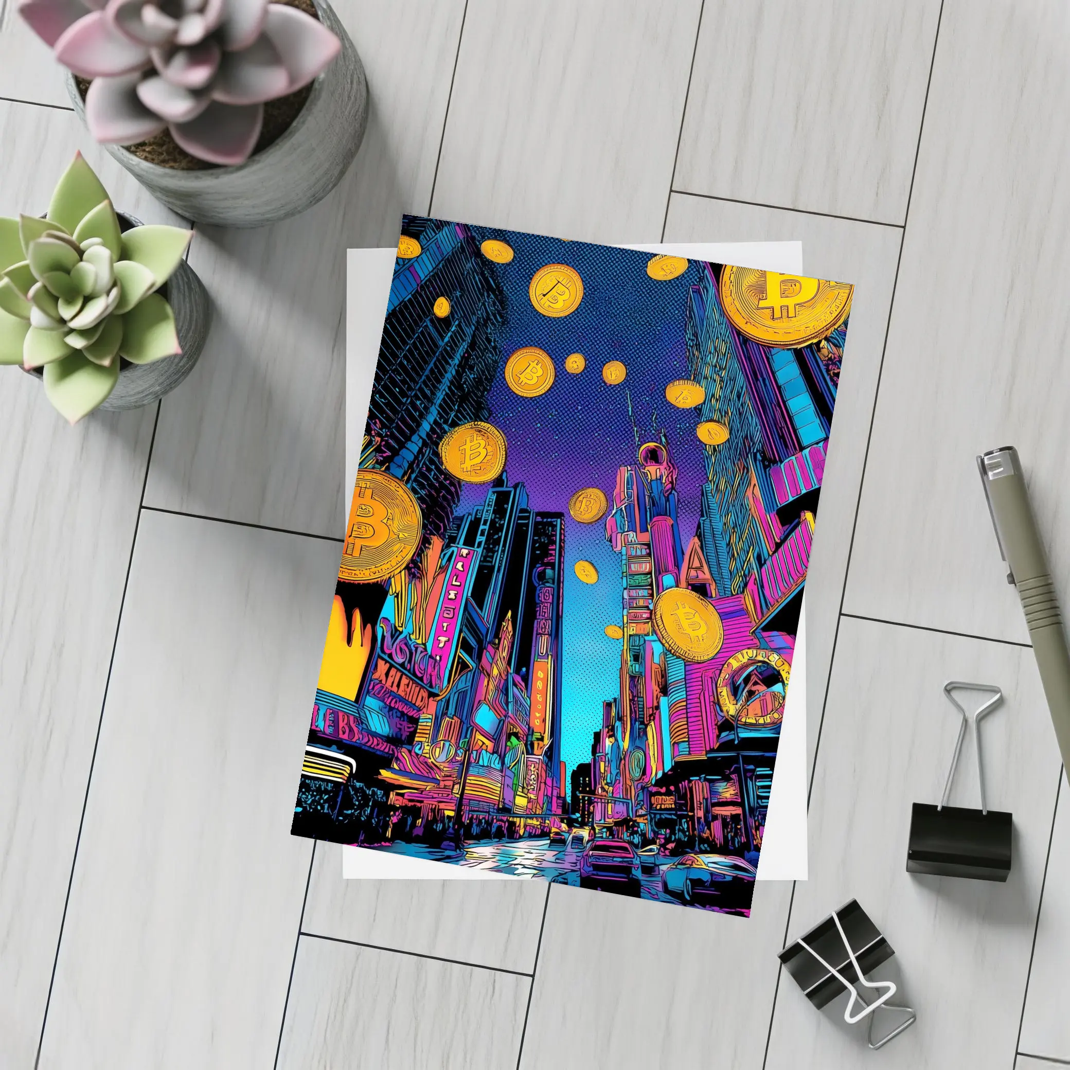 Bitcoin Rain Neon Pop Art City – Postcards