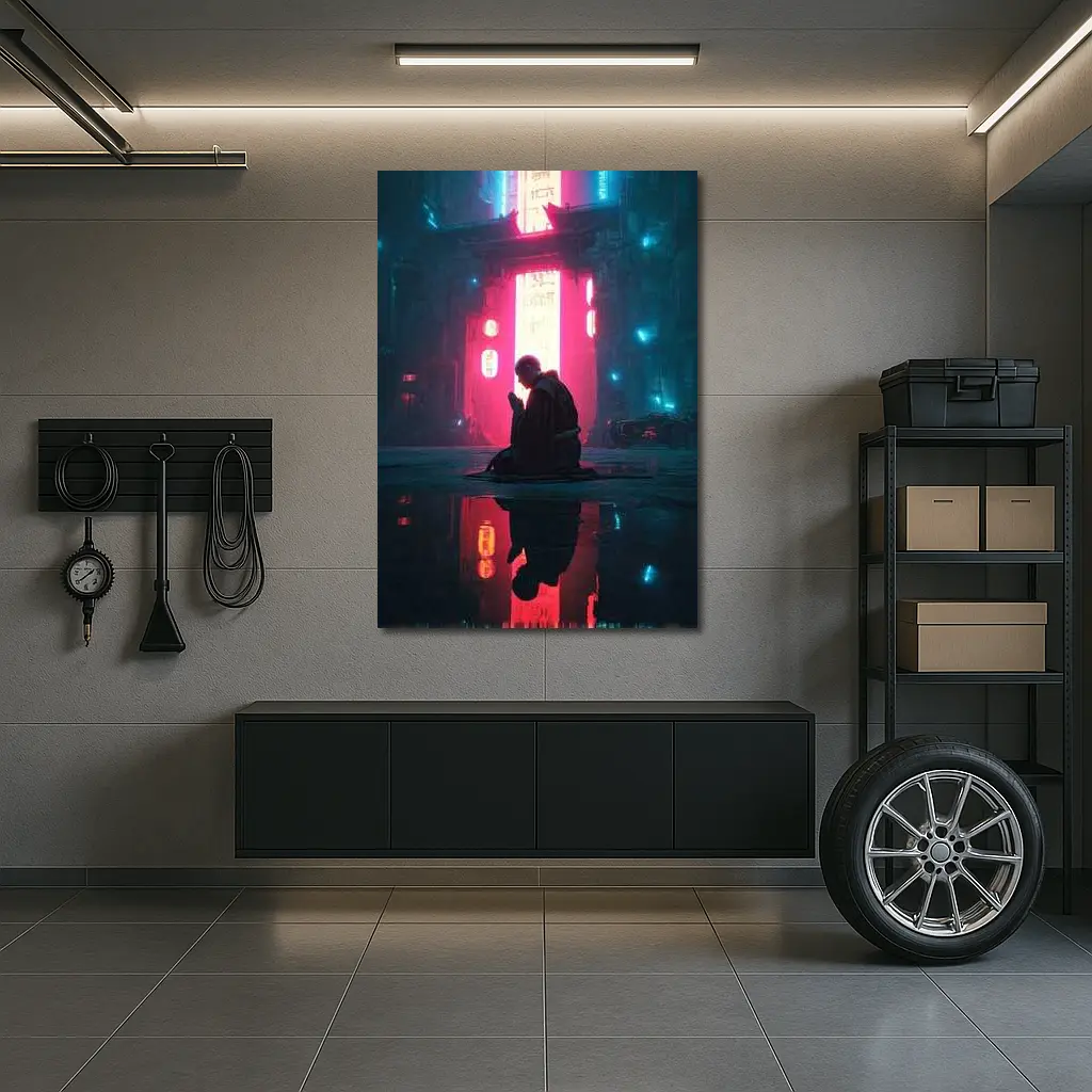 Monk Praying Neon Cyberpunk City Night – Wall Art