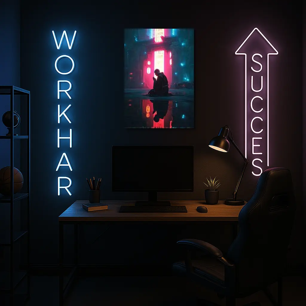 Monk Praying Neon Cyberpunk City Night – Wall Art