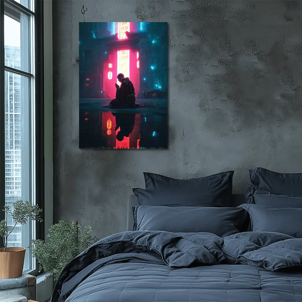 Monk Praying Neon Cyberpunk City Night – Wall Art