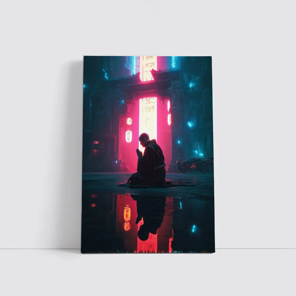 Monk Praying Neon Cyberpunk City Night – Wall Art