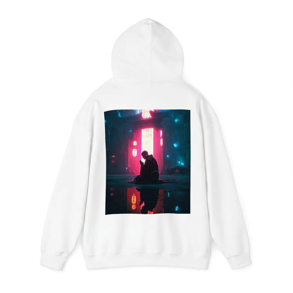 Monk Praying Neon Cyberpunk City Night – Hoodies