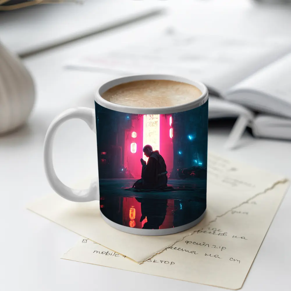 Monk Praying Neon Cyberpunk City Night – Mugs