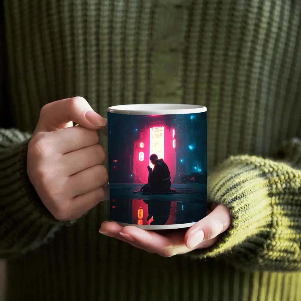 Monk Praying Neon Cyberpunk City Night – Mugs