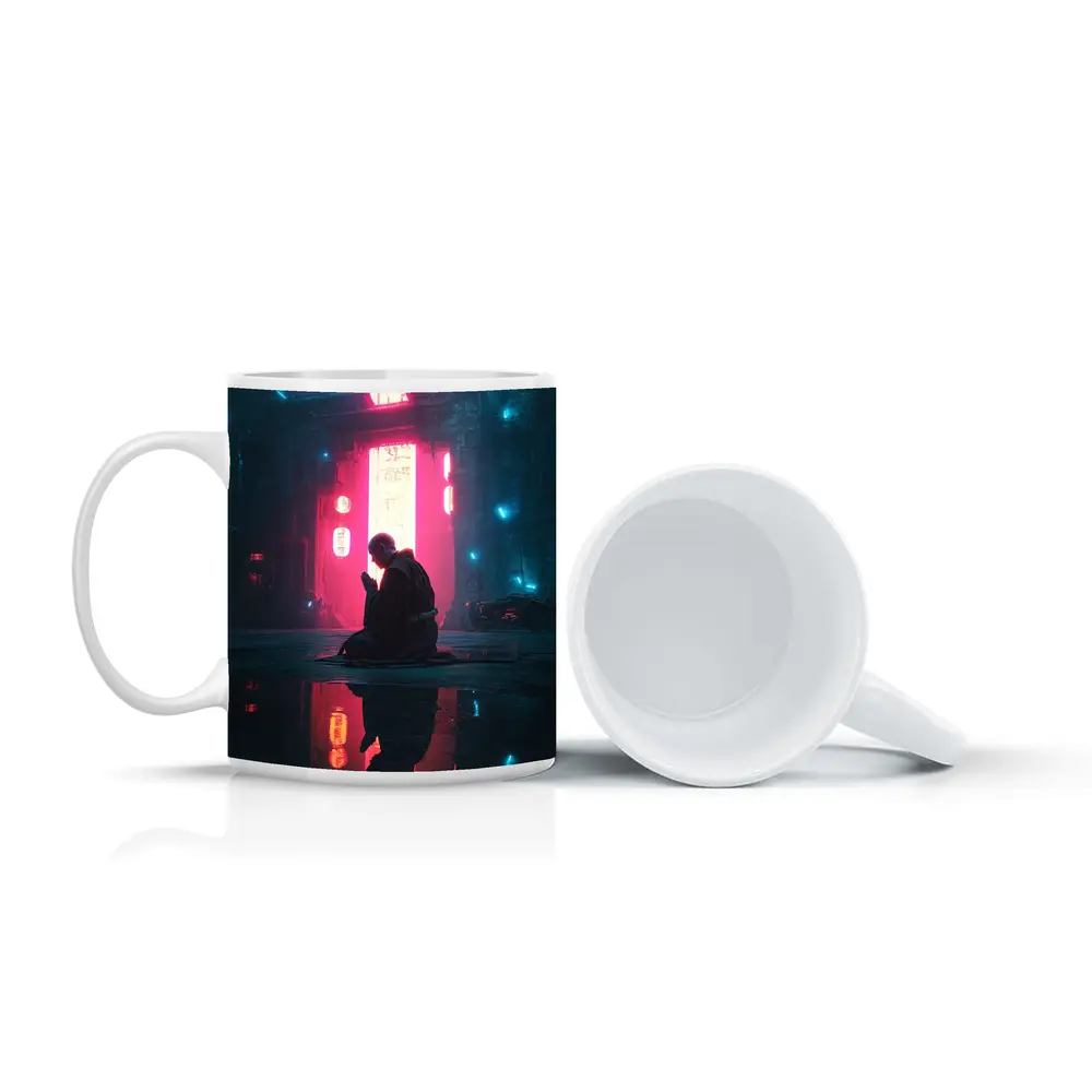 Monk Praying Neon Cyberpunk City Night – Mugs