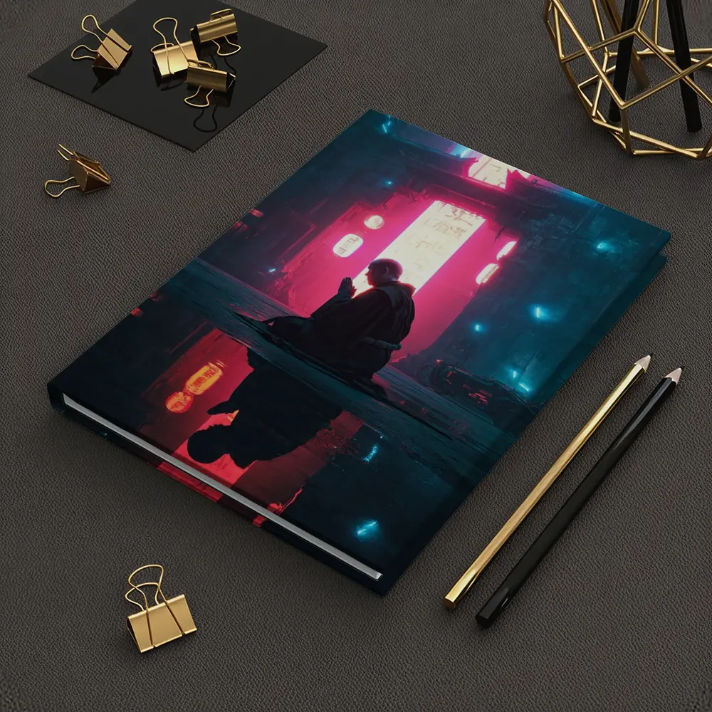 Monk Praying Neon Cyberpunk City Night – Notebooks