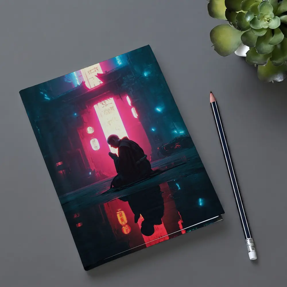 Monk Praying Neon Cyberpunk City Night – Notebooks