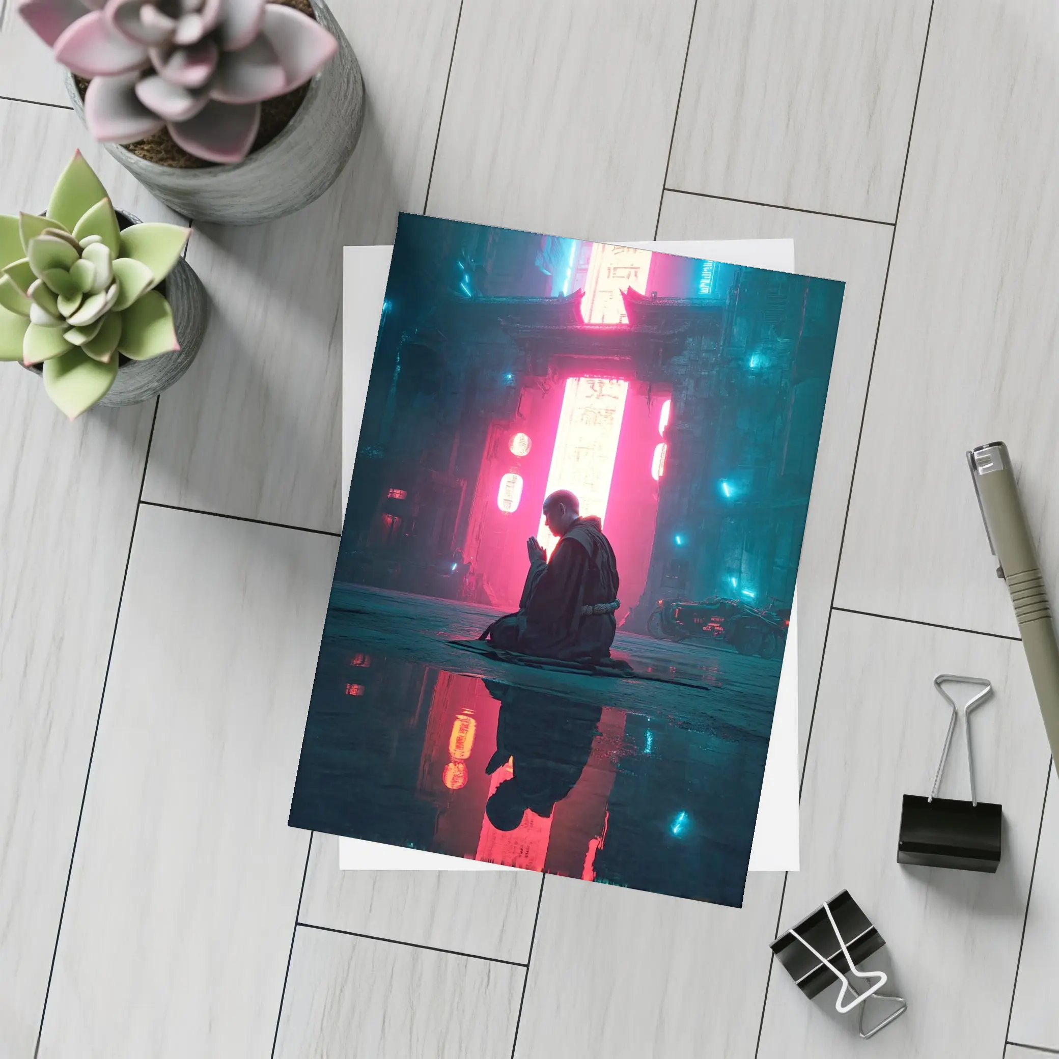 Monk Praying Neon Cyberpunk City Night – Postcards