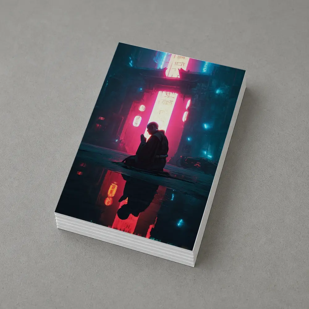 Monk Praying Neon Cyberpunk City Night – Postcards