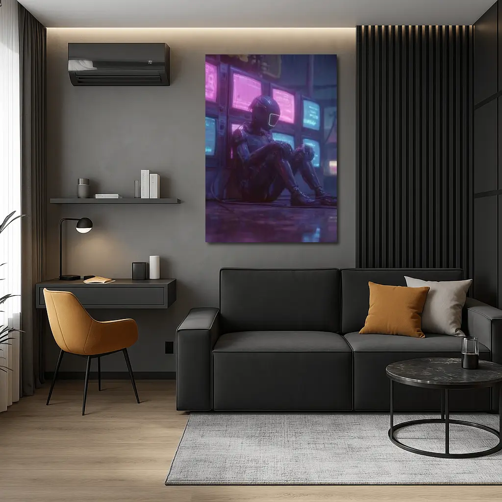 Cyberpunk Robot Sitting Among Glowing Screens – Wall Art