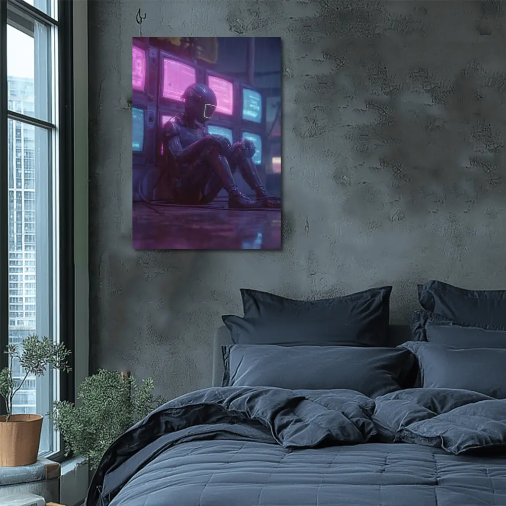 Cyberpunk Robot Sitting Among Glowing Screens – Wall Art