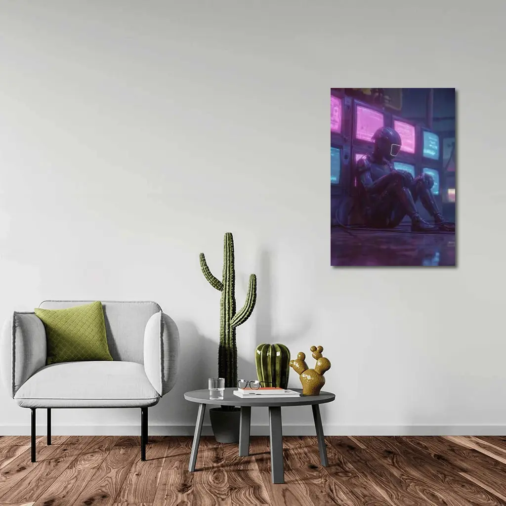 Cyberpunk Robot Sitting Among Glowing Screens – Wall Art