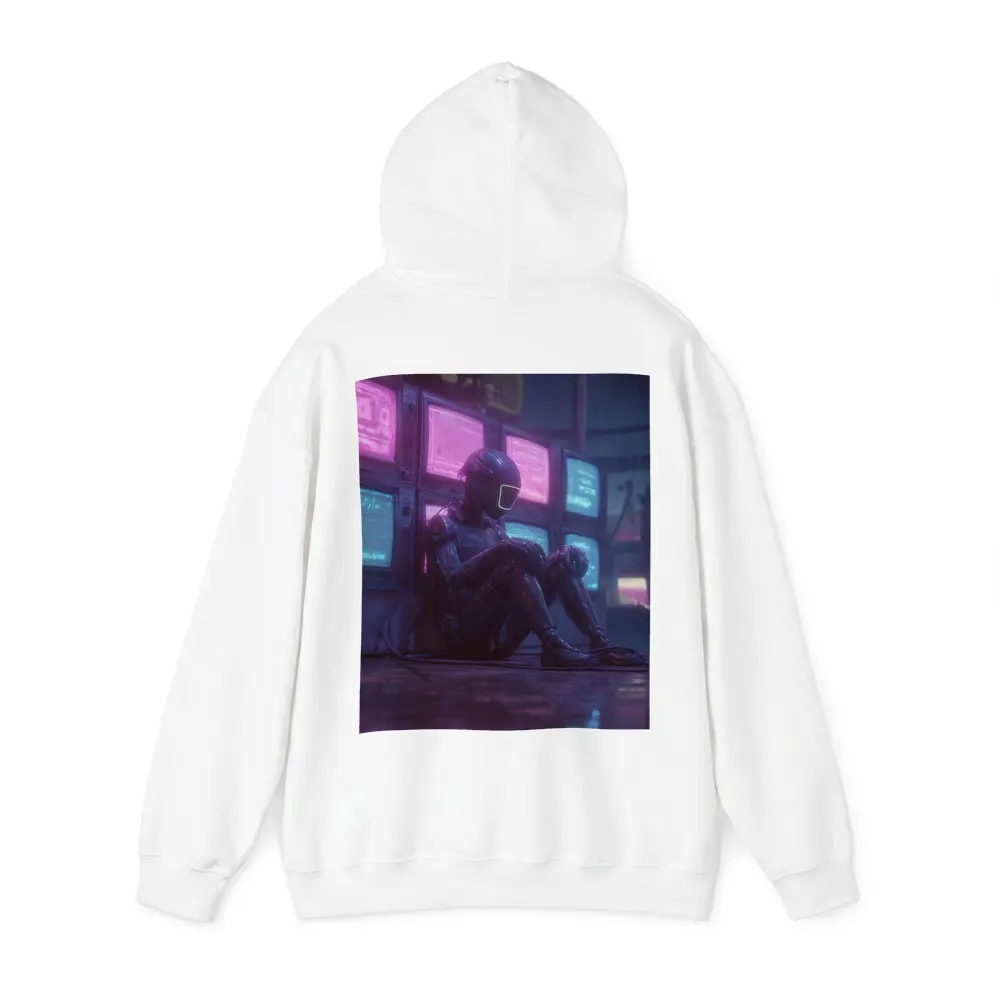 Cyberpunk Robot Sitting Among Glowing Screens – Hoodies