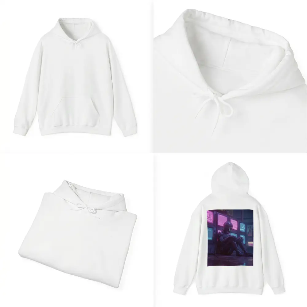 Cyberpunk Robot Sitting Among Glowing Screens – Hoodies