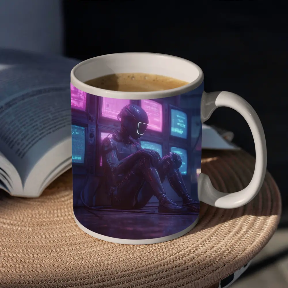 Cyberpunk Robot Sitting Among Glowing Screens – Mugs