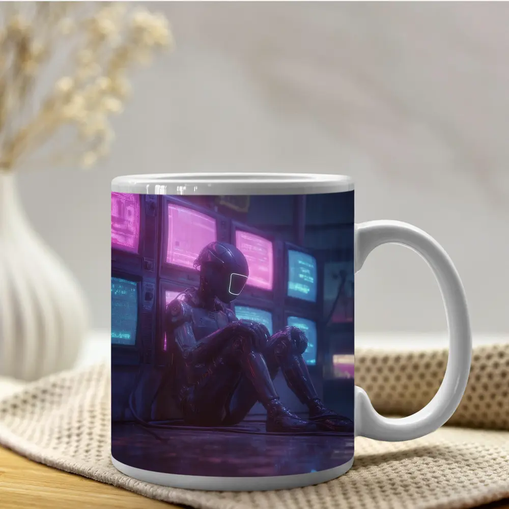 Cyberpunk Robot Sitting Among Glowing Screens – Mugs