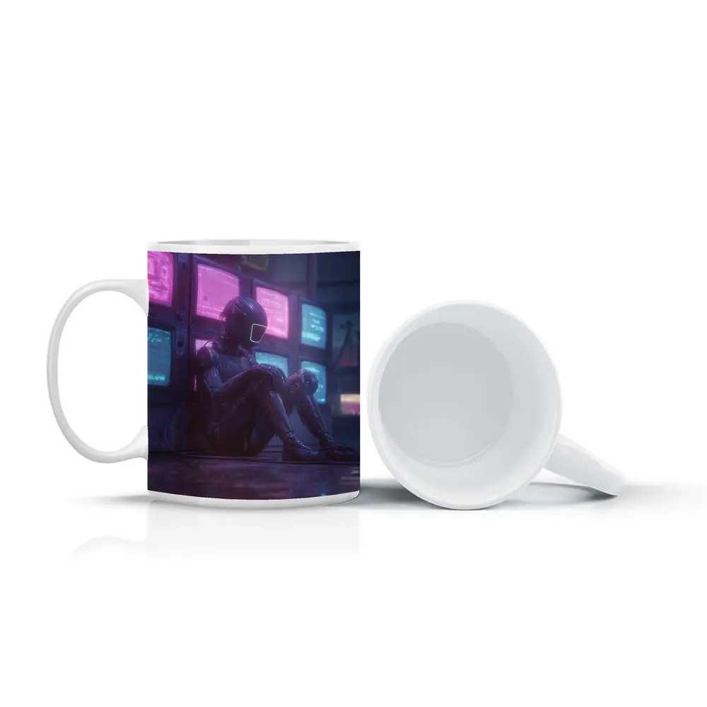 Cyberpunk Robot Sitting Among Glowing Screens – Mugs