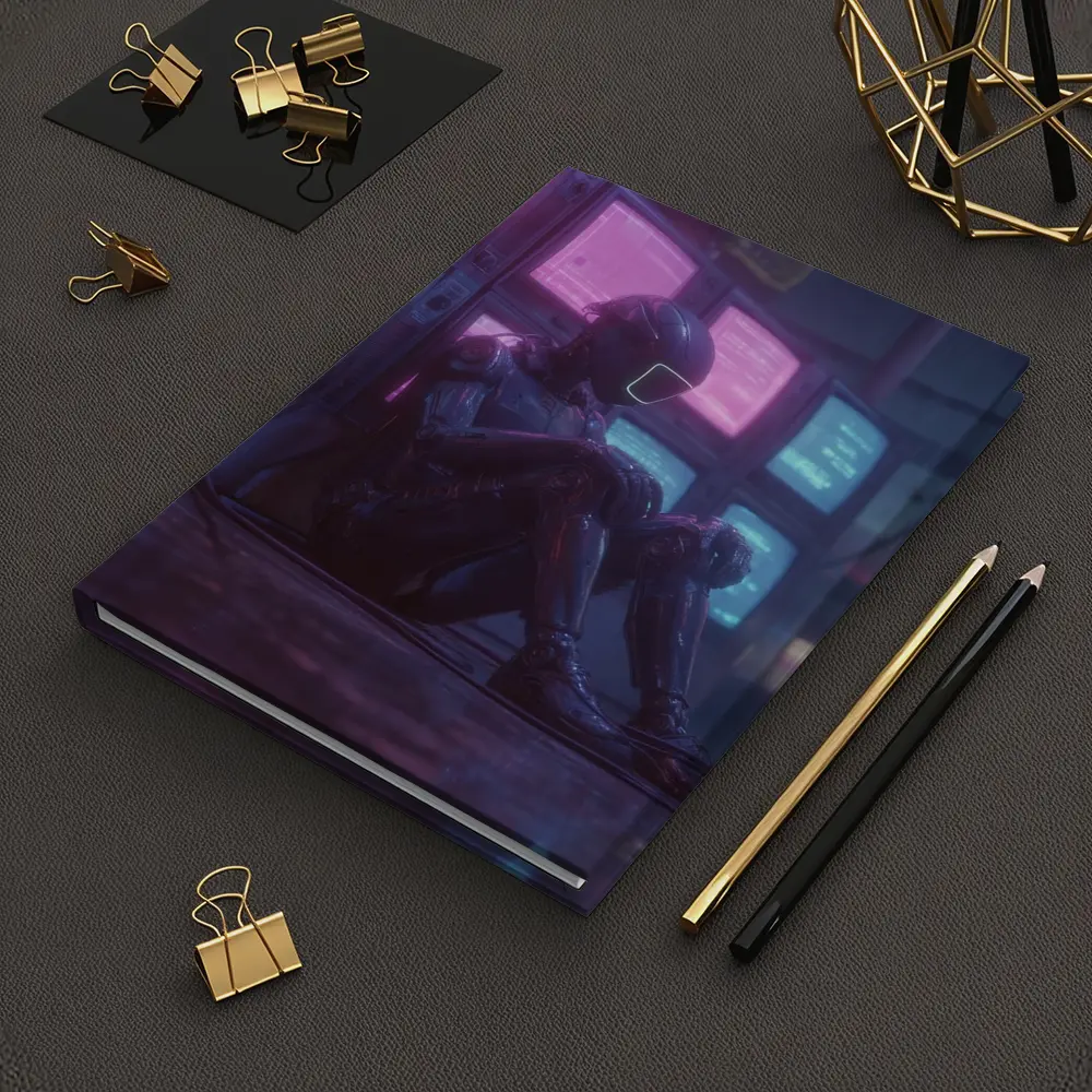 Cyberpunk Robot Sitting Among Glowing Screens – Notebooks