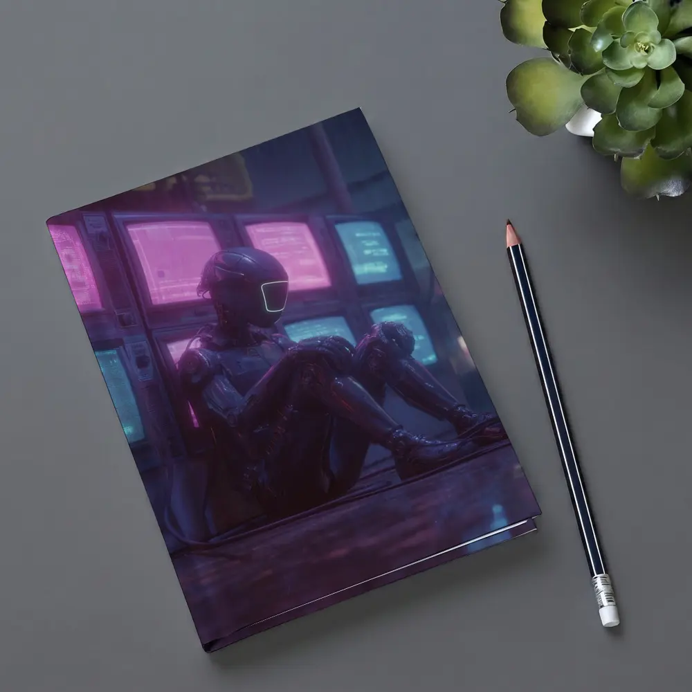 Cyberpunk Robot Sitting Among Glowing Screens – Notebooks