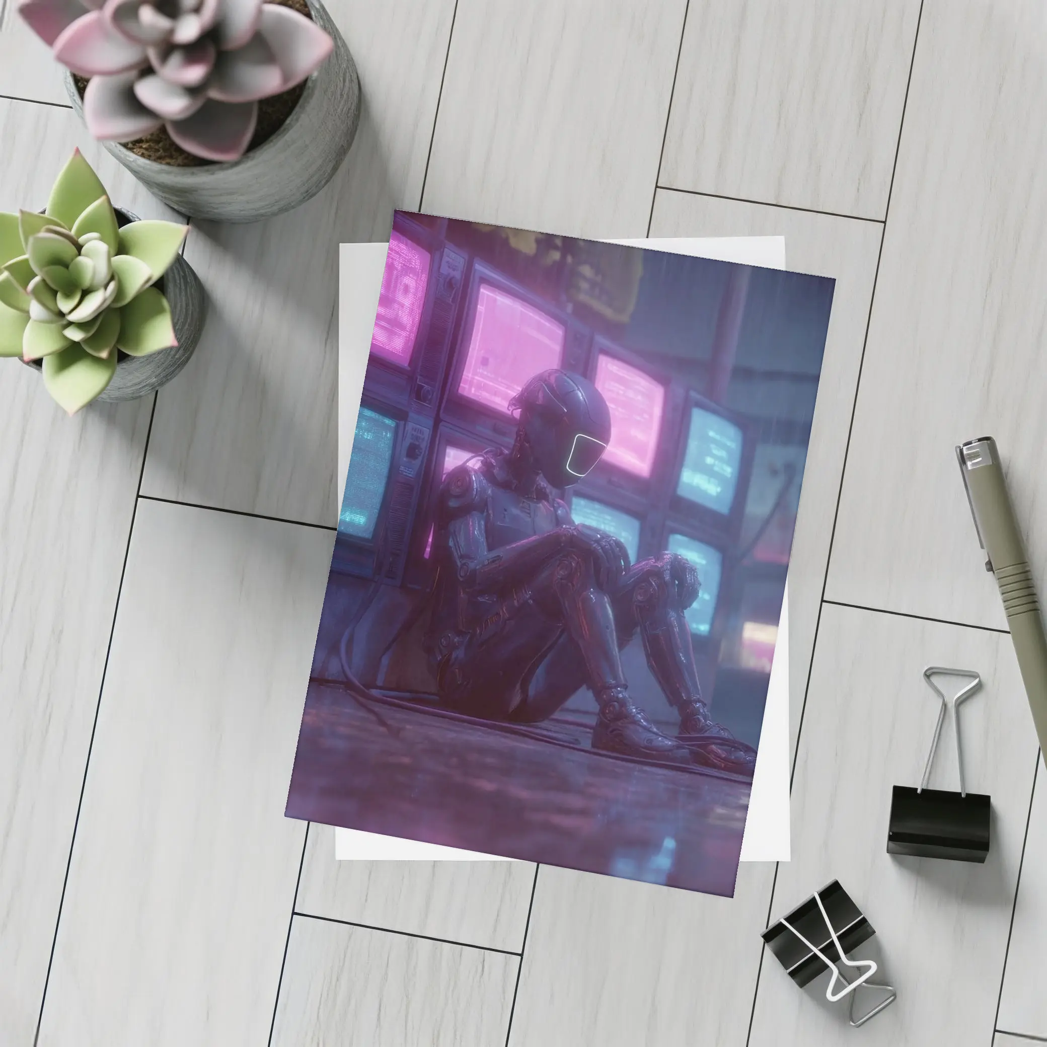 Cyberpunk Robot Sitting Among Glowing Screens – Postcards