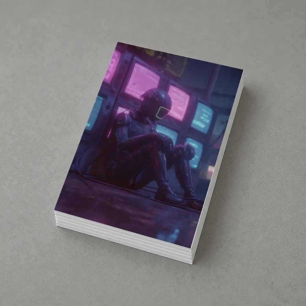Cyberpunk Robot Sitting Among Glowing Screens – Postcards